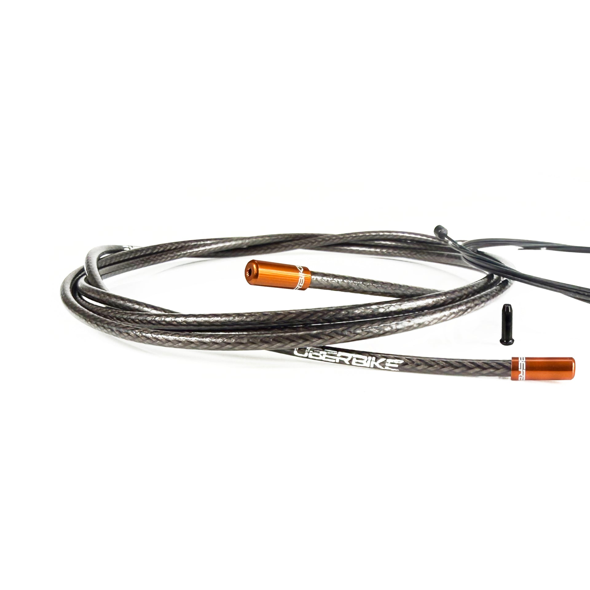 smoke braid gear cable with orange sealed ferrules on a white background