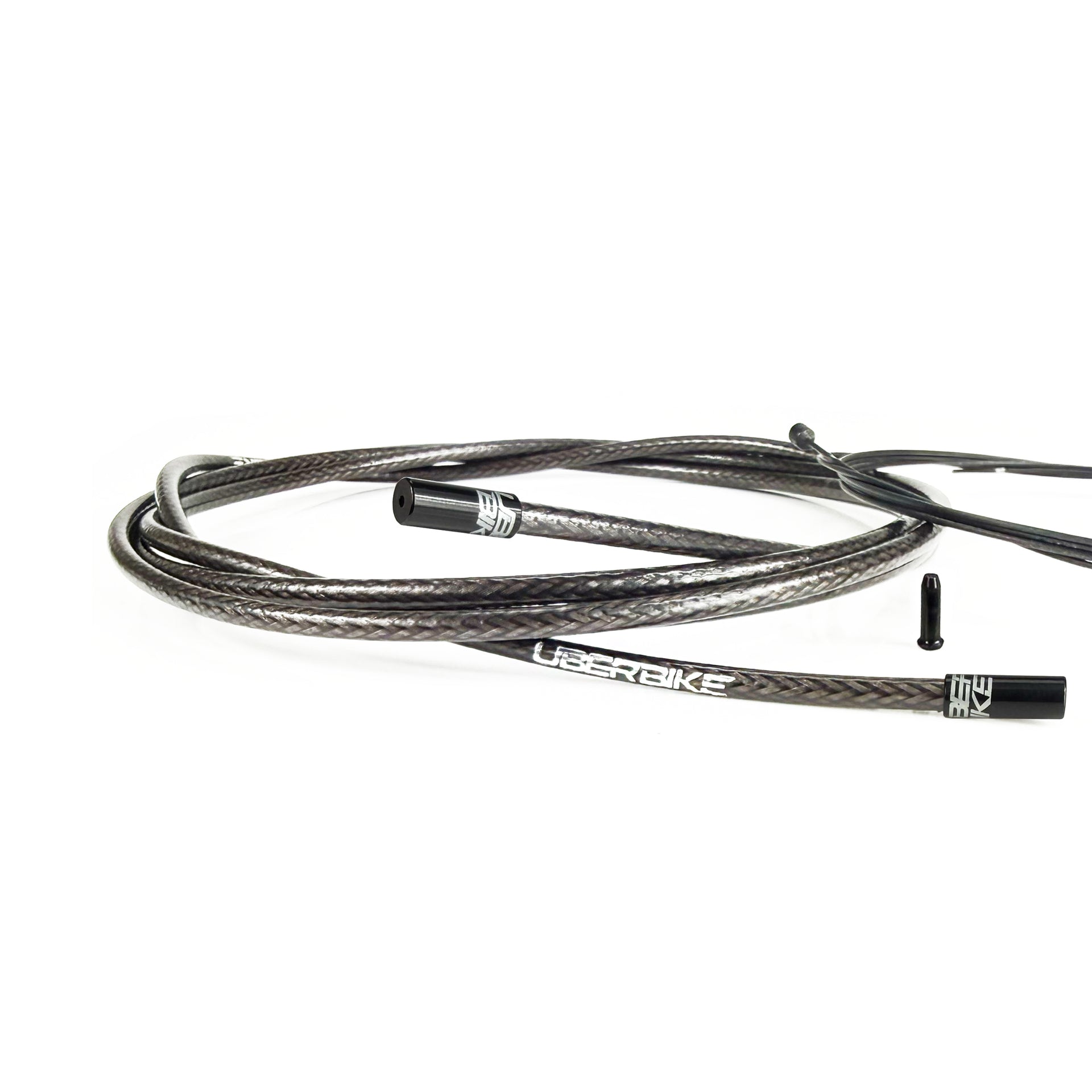 smoke braid road gear cable with black sealed ferrules on a white background