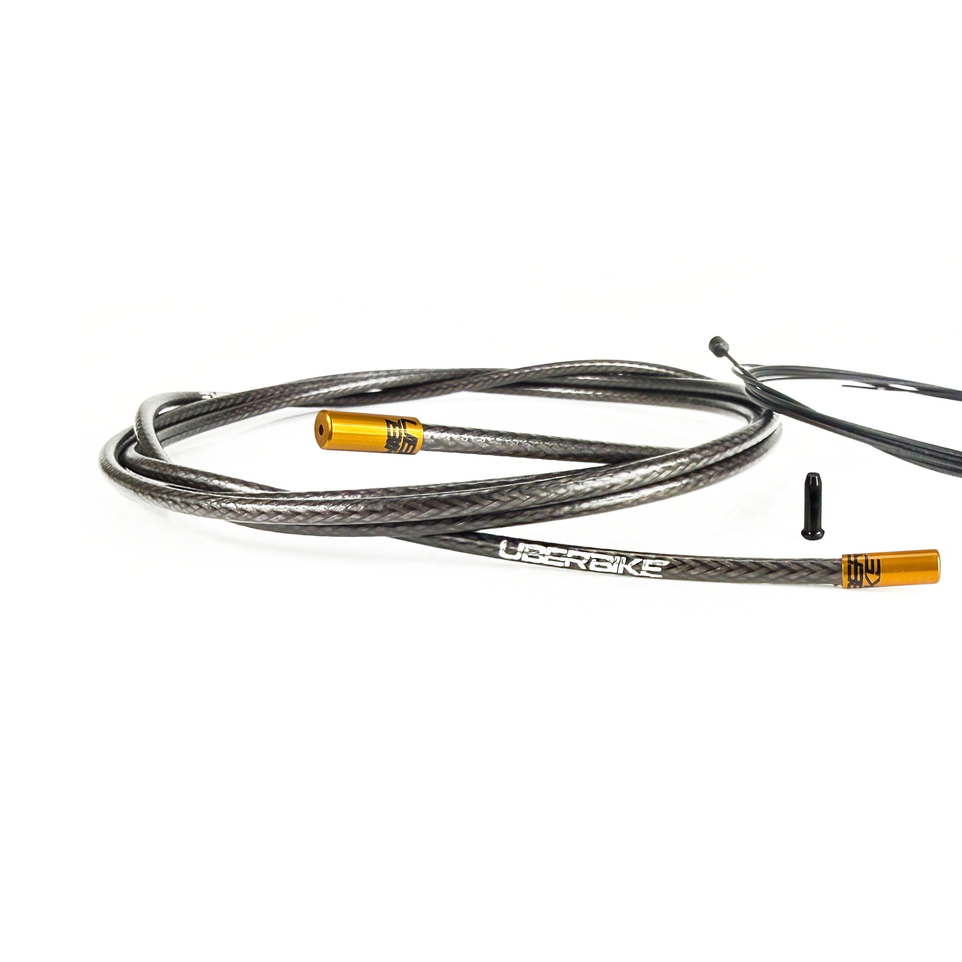 smoke braid road gear cable with gold sealed ferrules on a white background