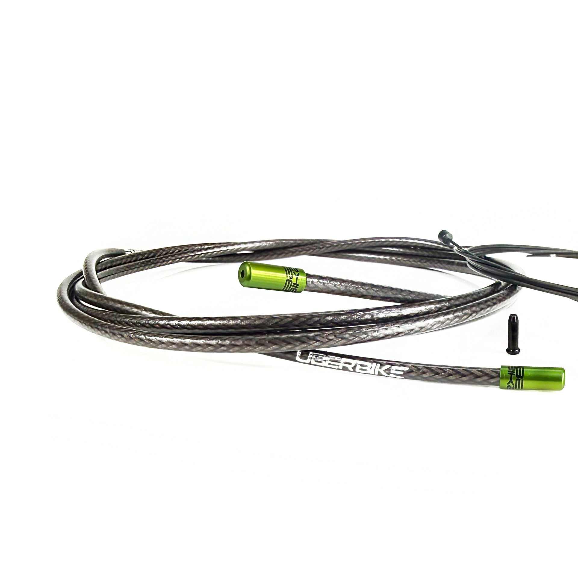 smoke braid road gear cable with green sealed ferrules on a white background