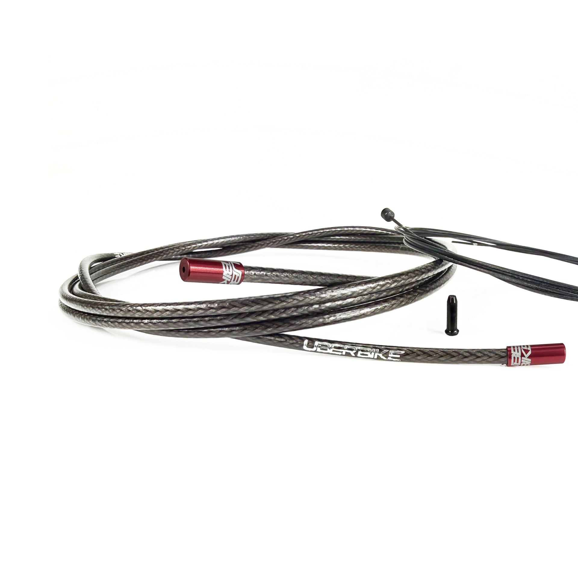 smoke braid road gear cable with red sealed ferrules on a white background