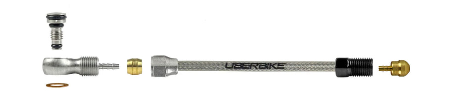 a diagram showing sram stainless steel hydraulic hose with black banjo with uberbike branding on a white background