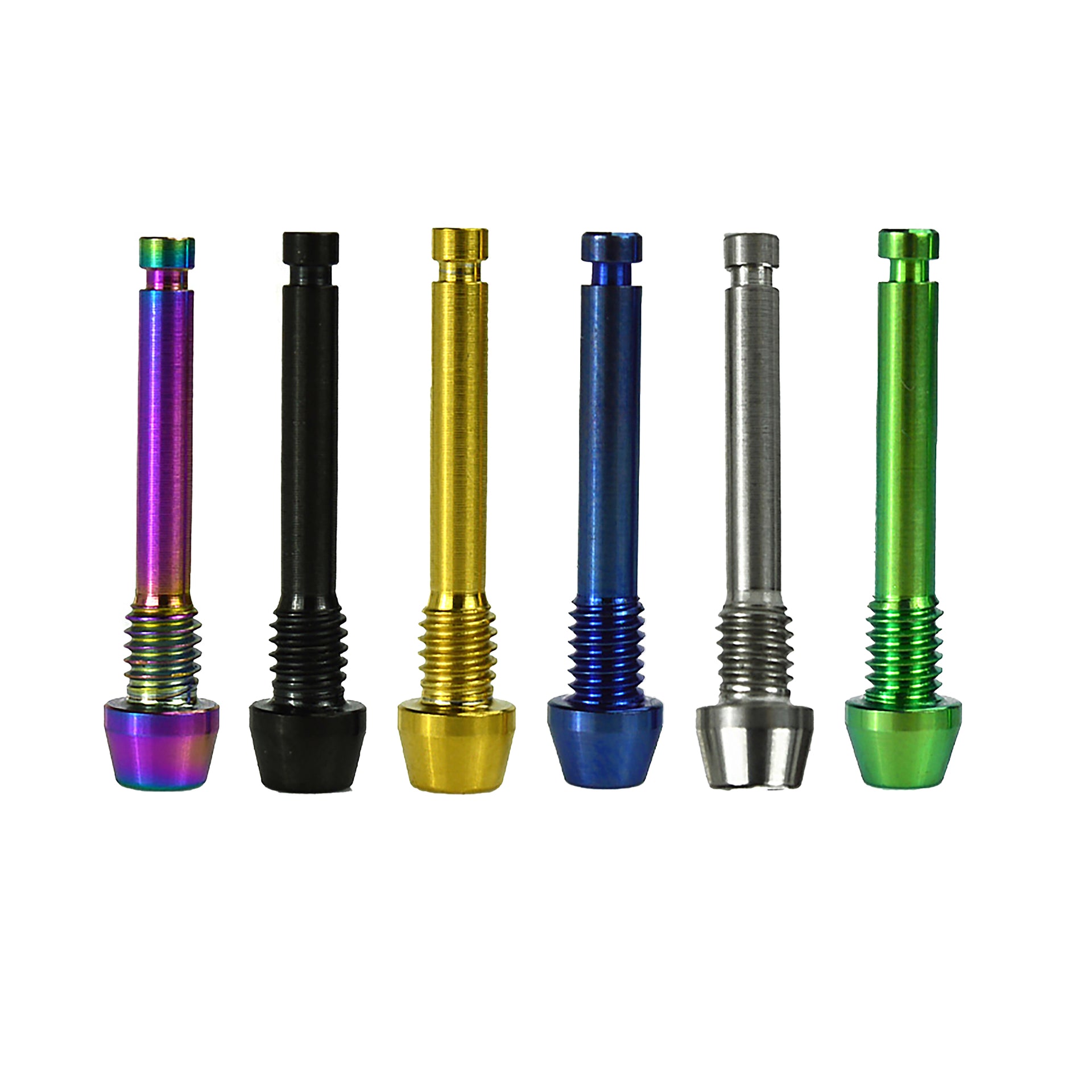 6 different coloured SRAM disc brake retaining pad pins on a white background