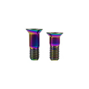 Two rainbow-colored sram jockey wheels bolts on a white background