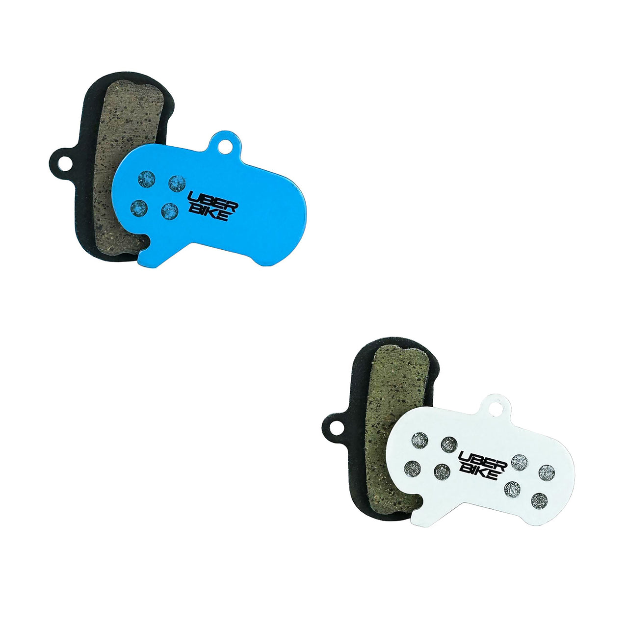 2 different coloured sram maven ultimate brake pads with uberbike branding on a white background