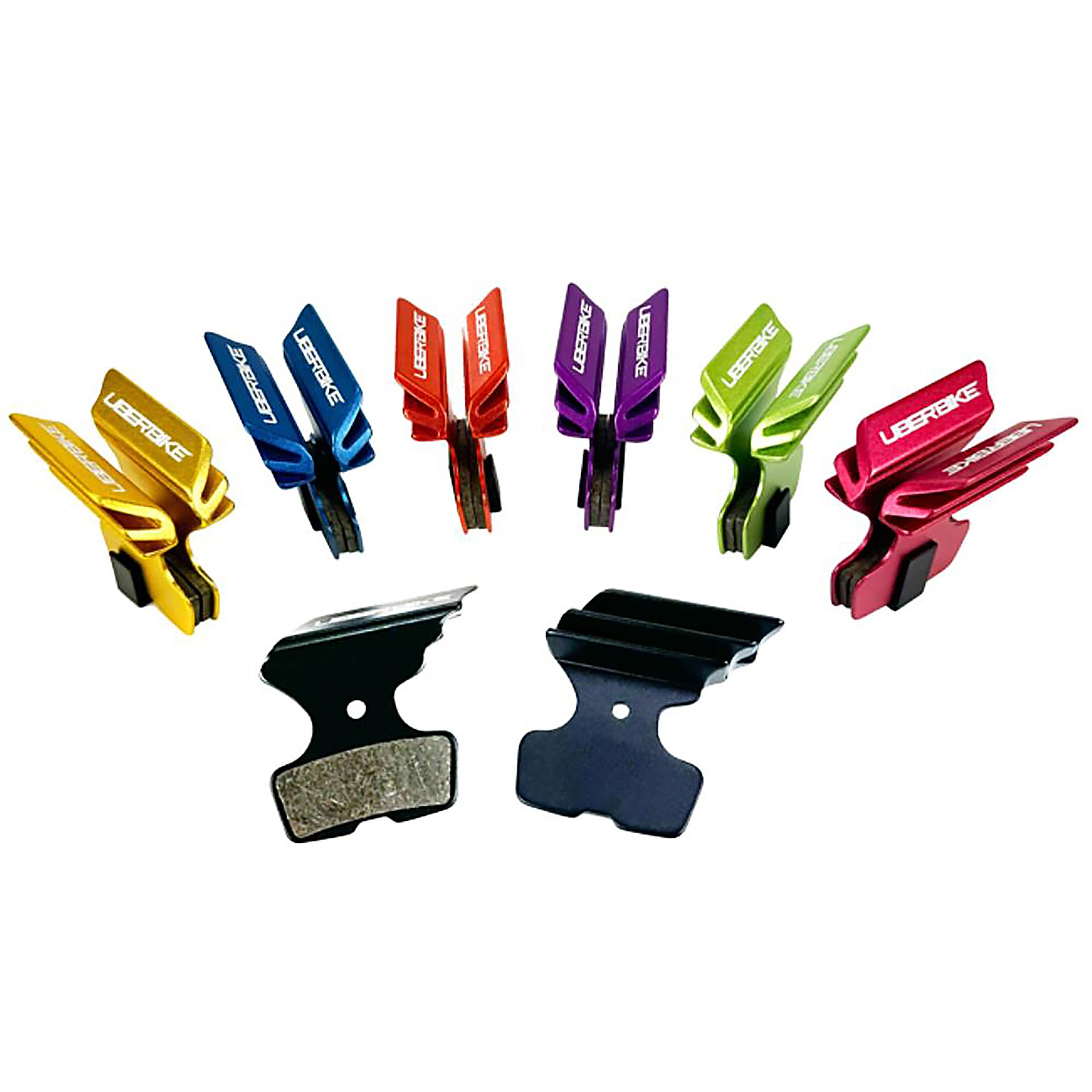 SRAM polar tech brake pads in 7 colours on a white background
