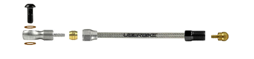 a diagram showing sram stainless steel hydraulic hose with silver banjo with uberbike branding on a white background