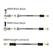 a diagram showing sram stainless steel hydraulic hose fittings with uberbike branding on a white background