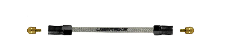 a diagram showing sram stainless steel hydraulic hose with a straight connector with uberbike branding on a white background