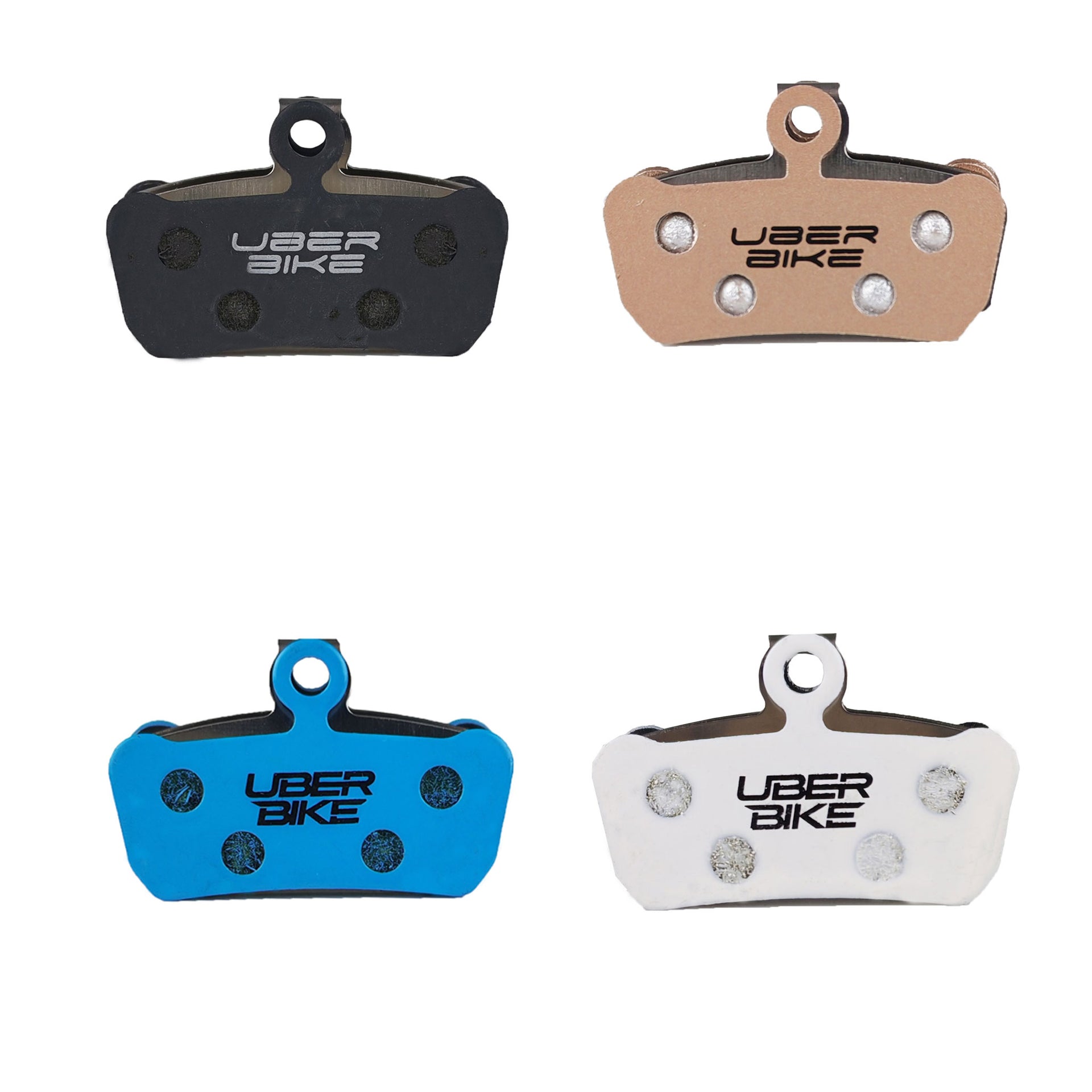 a variery of sram t finned inserts brake pads with Uberbike branding on a white background
