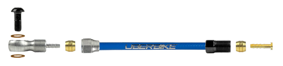 sram hydraulic brake hose fittings using a silver banjo bolt with Uberbike branding on a white background