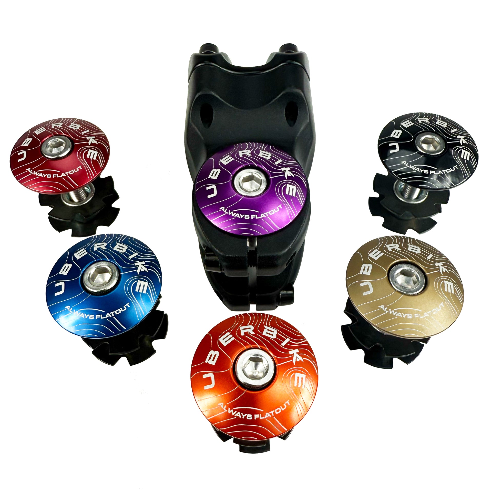 6 different coloured Stem Top Caps with Uberbike branding on a white background