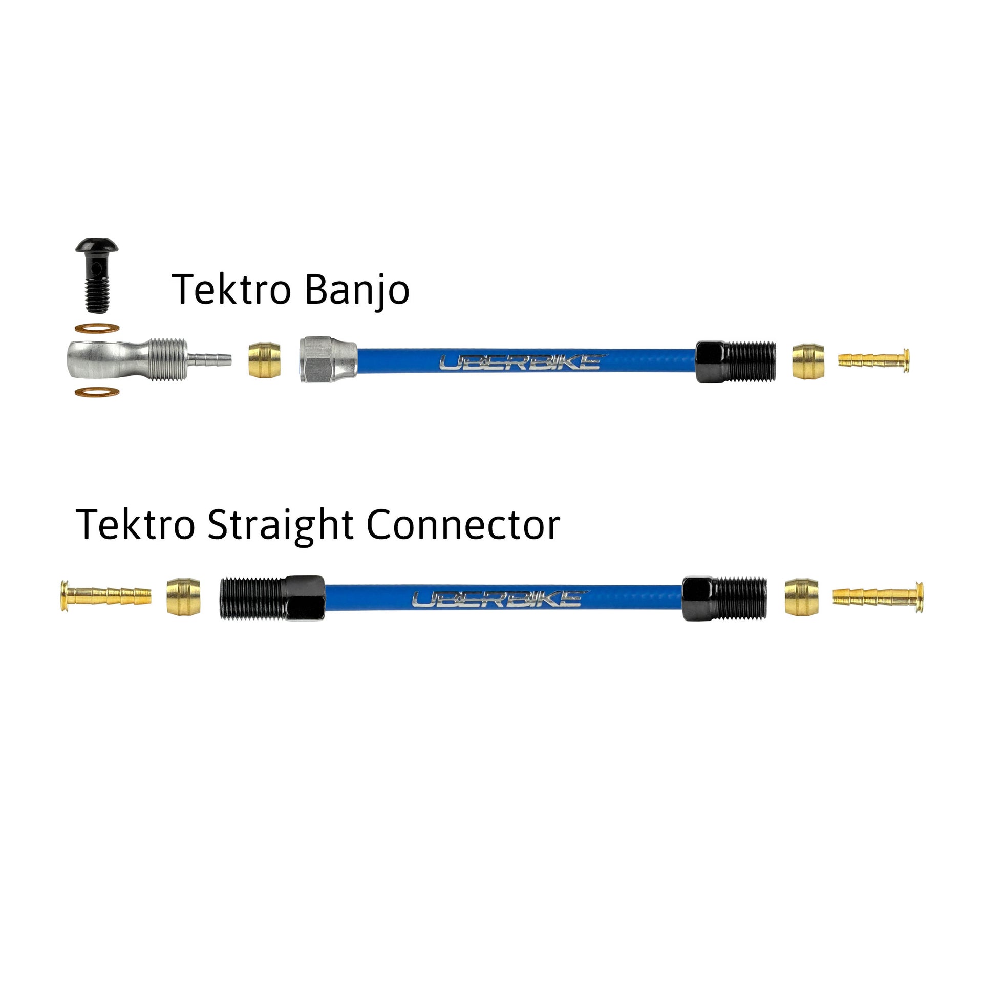 a diagram showing all the brake fittings for tektro hydraulic brake hose kits on a white background