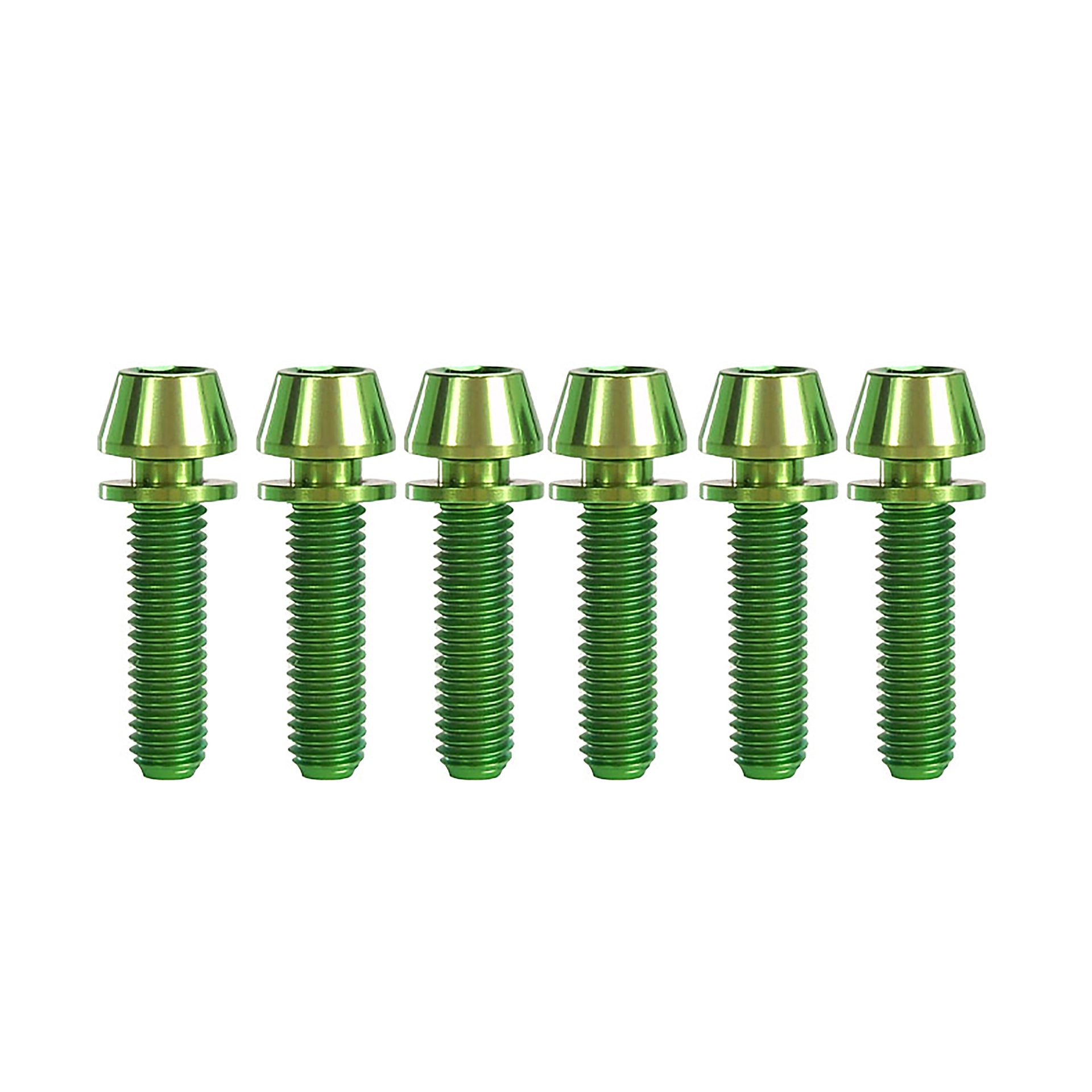 6 Green m5x20mm taperhead thomson elite x4  titanium bolt kit on a white background