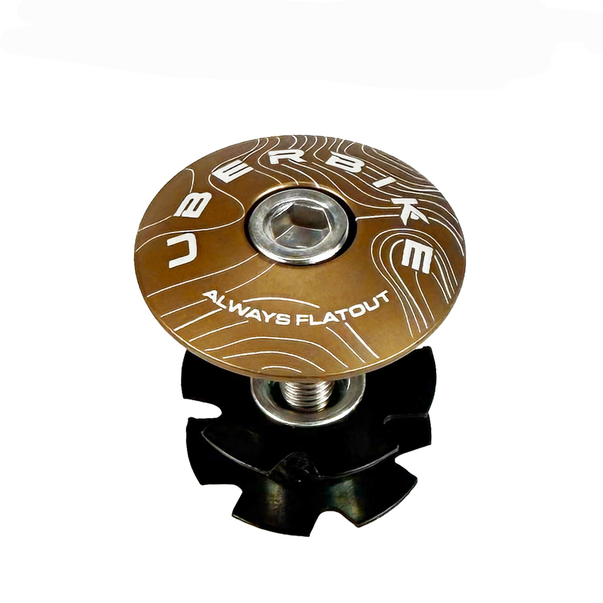 Bronze top cap with Uberbike branding and 'always flatout' on  white background