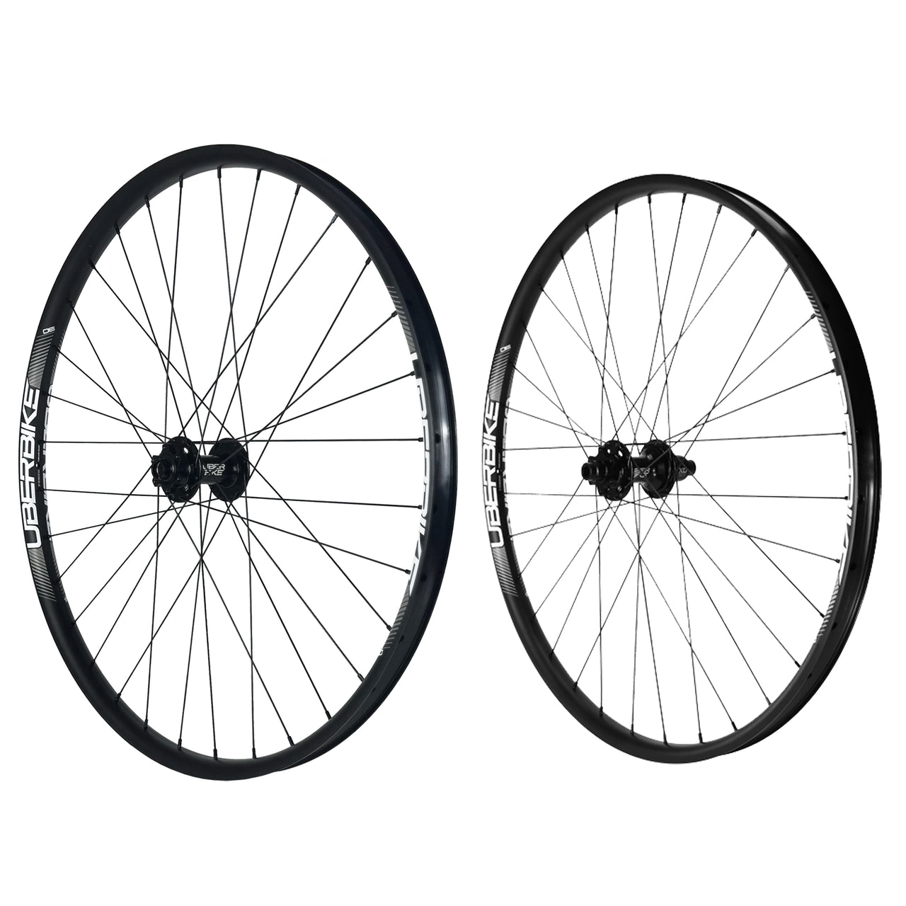two trail mtb mullet wheelset with Uberbike branding on a white background