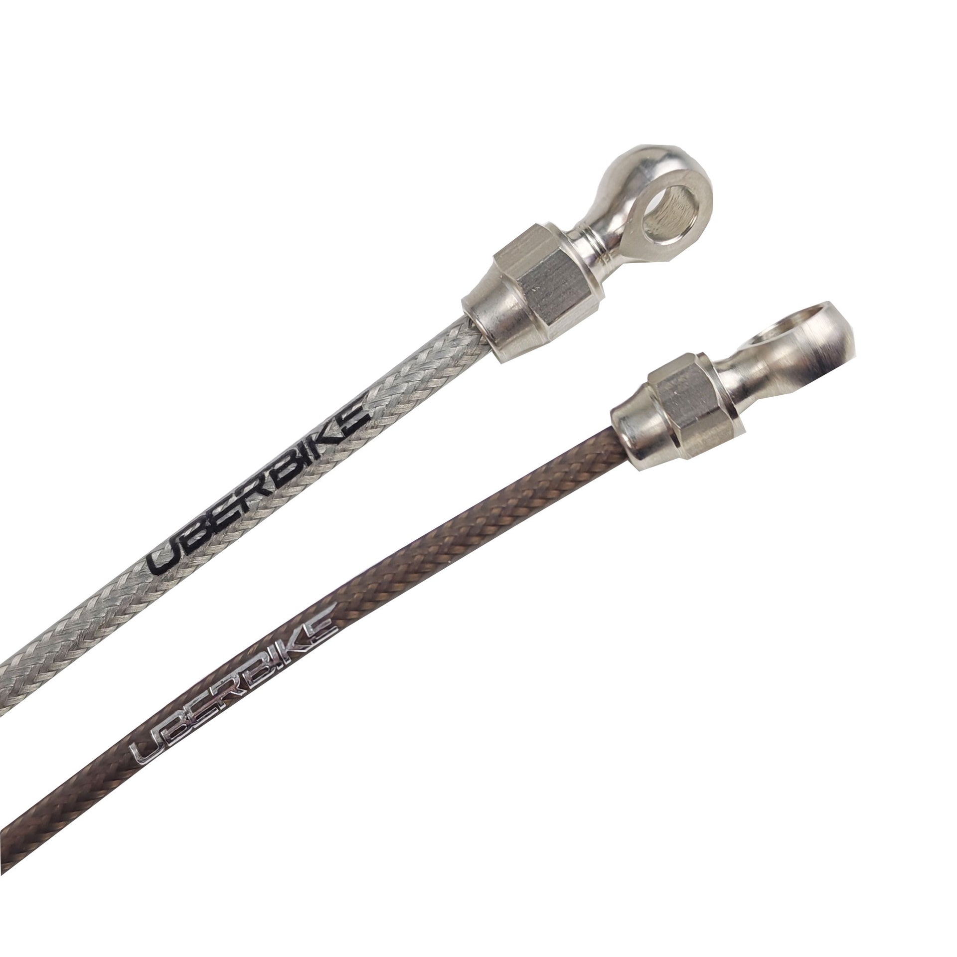 stainless steel hydraulic brake hose for trp with Uberbike branding on a white background