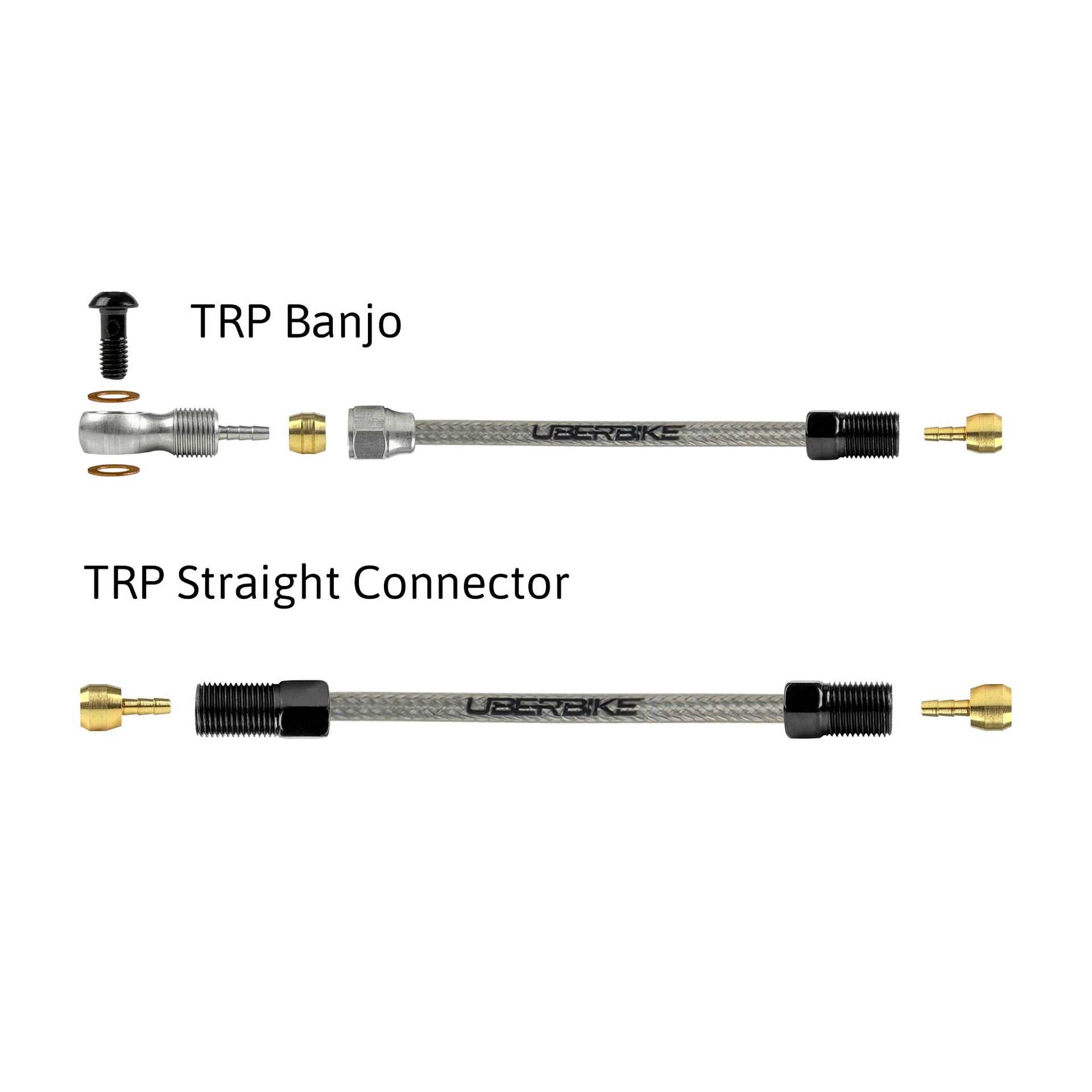 a diagram showing all the brake fittings for trp stainless braid hydraulic brake hose kits on a white background