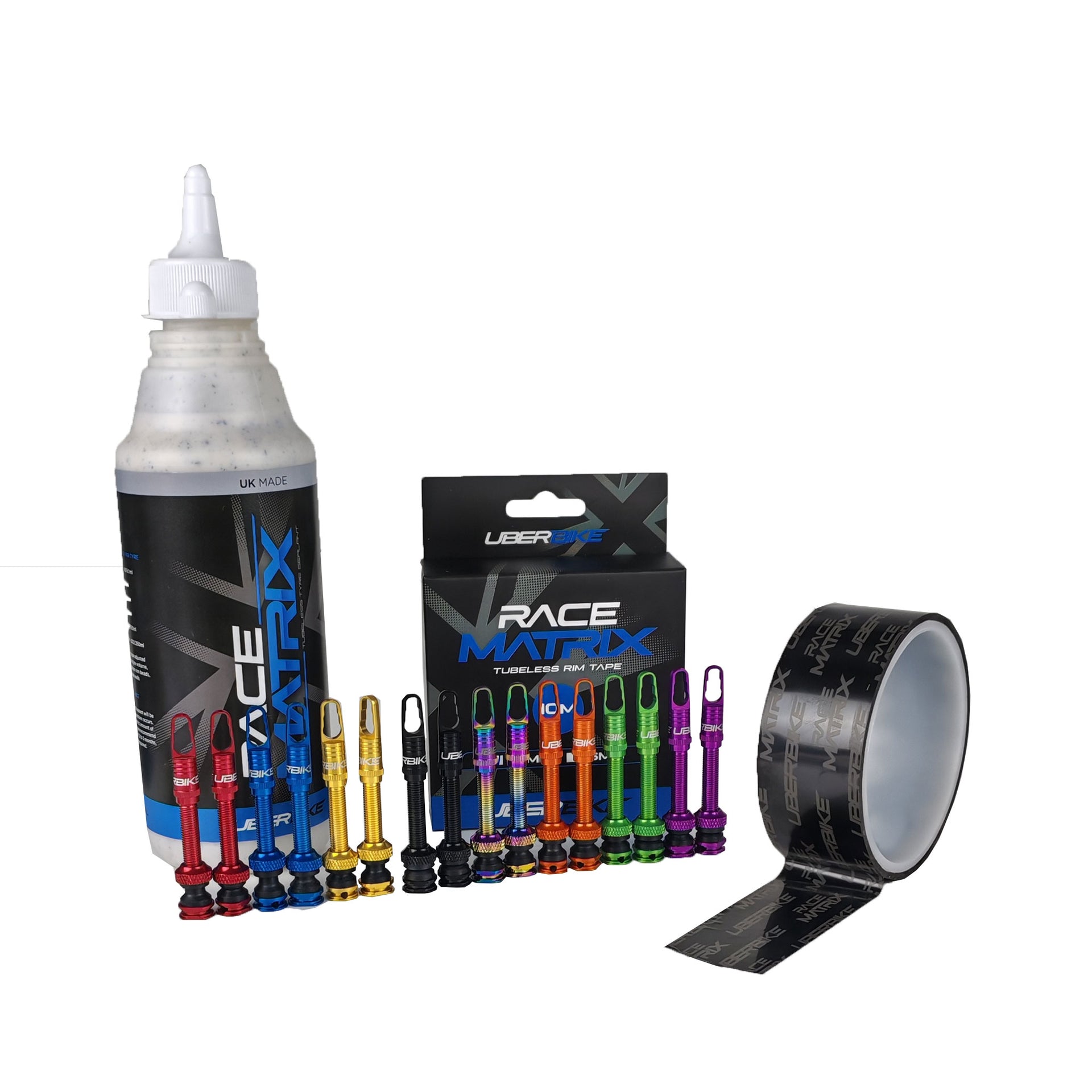 Collection of tubeless wheel products including a tyre sealant, valves, and tape on a white background