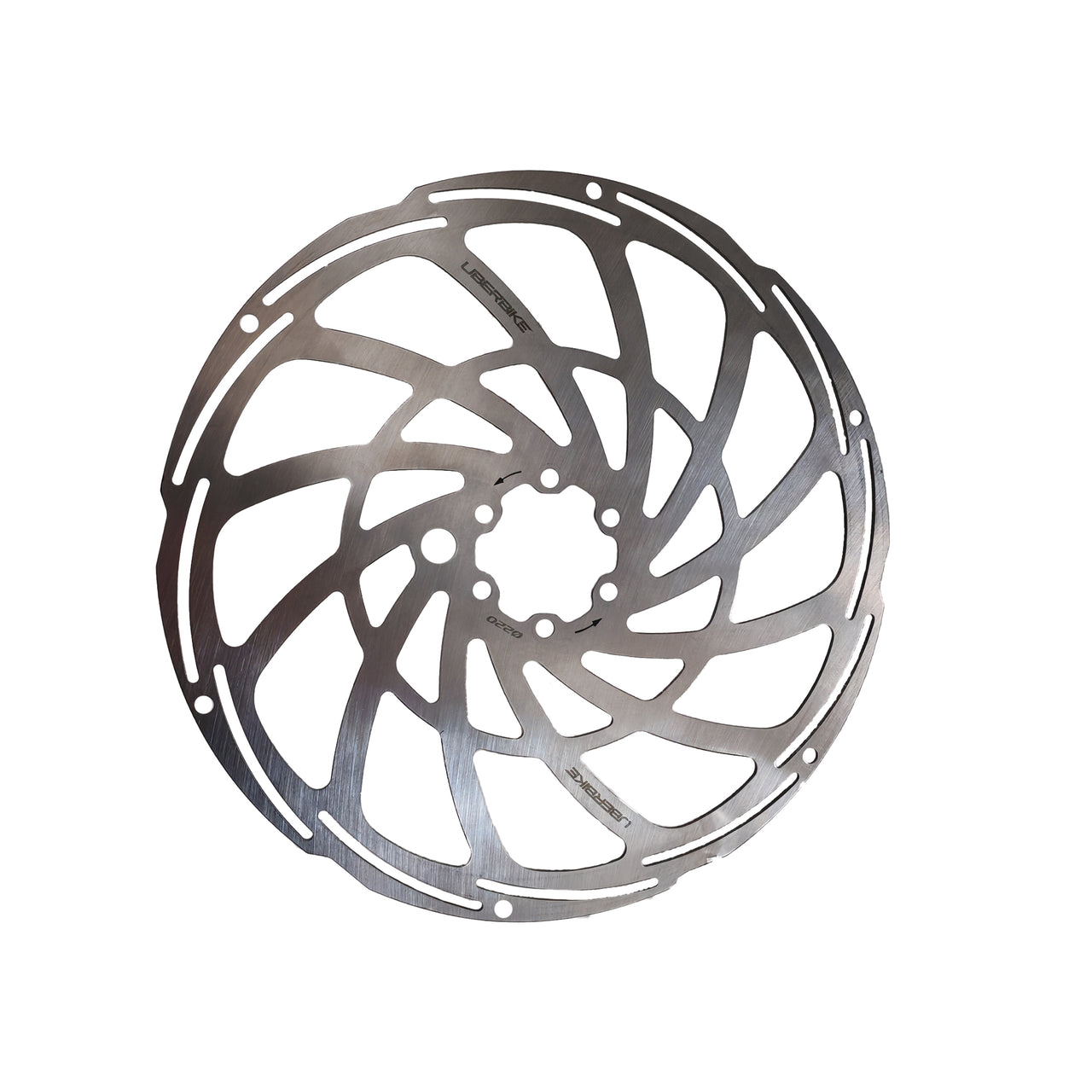 a stainless steel 220mm disc brake rotor on a white background