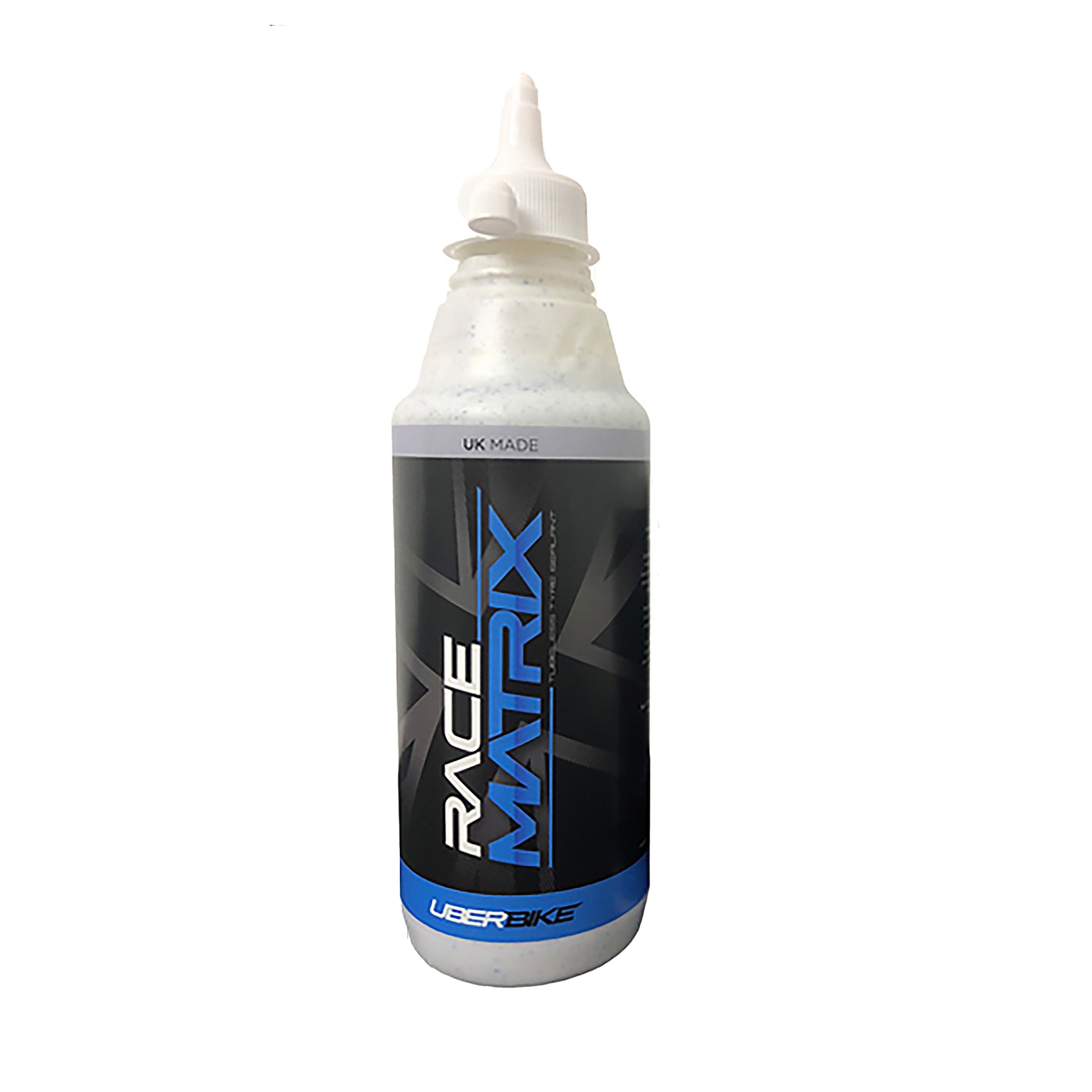 Bottle of  Uberbike Race Matrix  tyre sealant on a white background