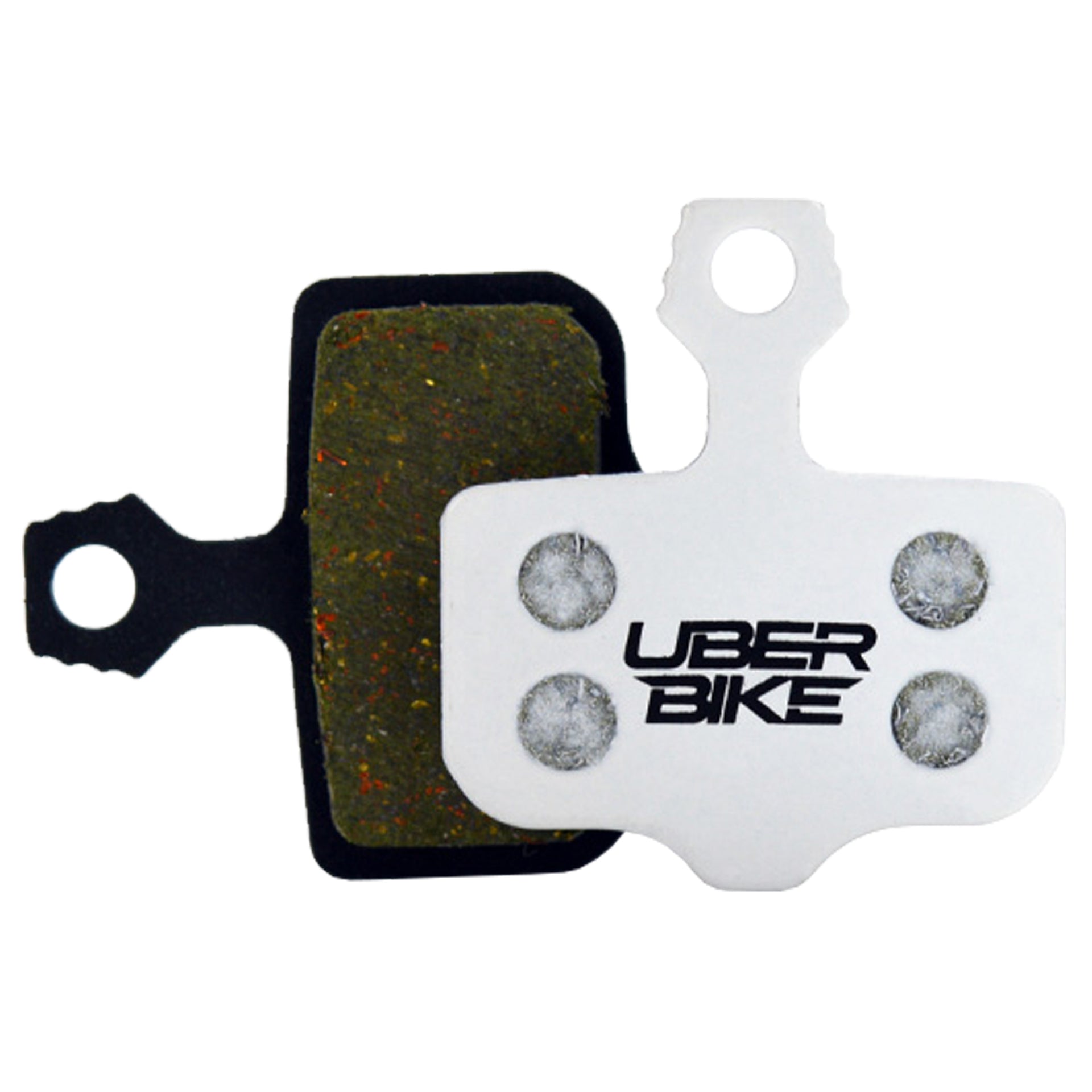 Bicycle brake pads with 'UberBike' branding on a white background.