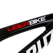 Uberbike logo sticker on a bike frame on a white background