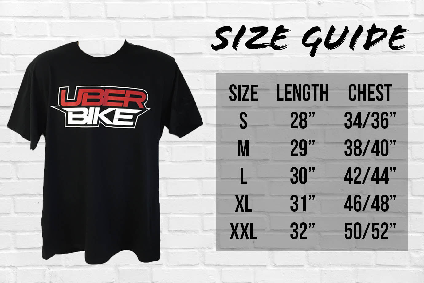 A size guide showing measurements for Uberbike clothing on a white brick background