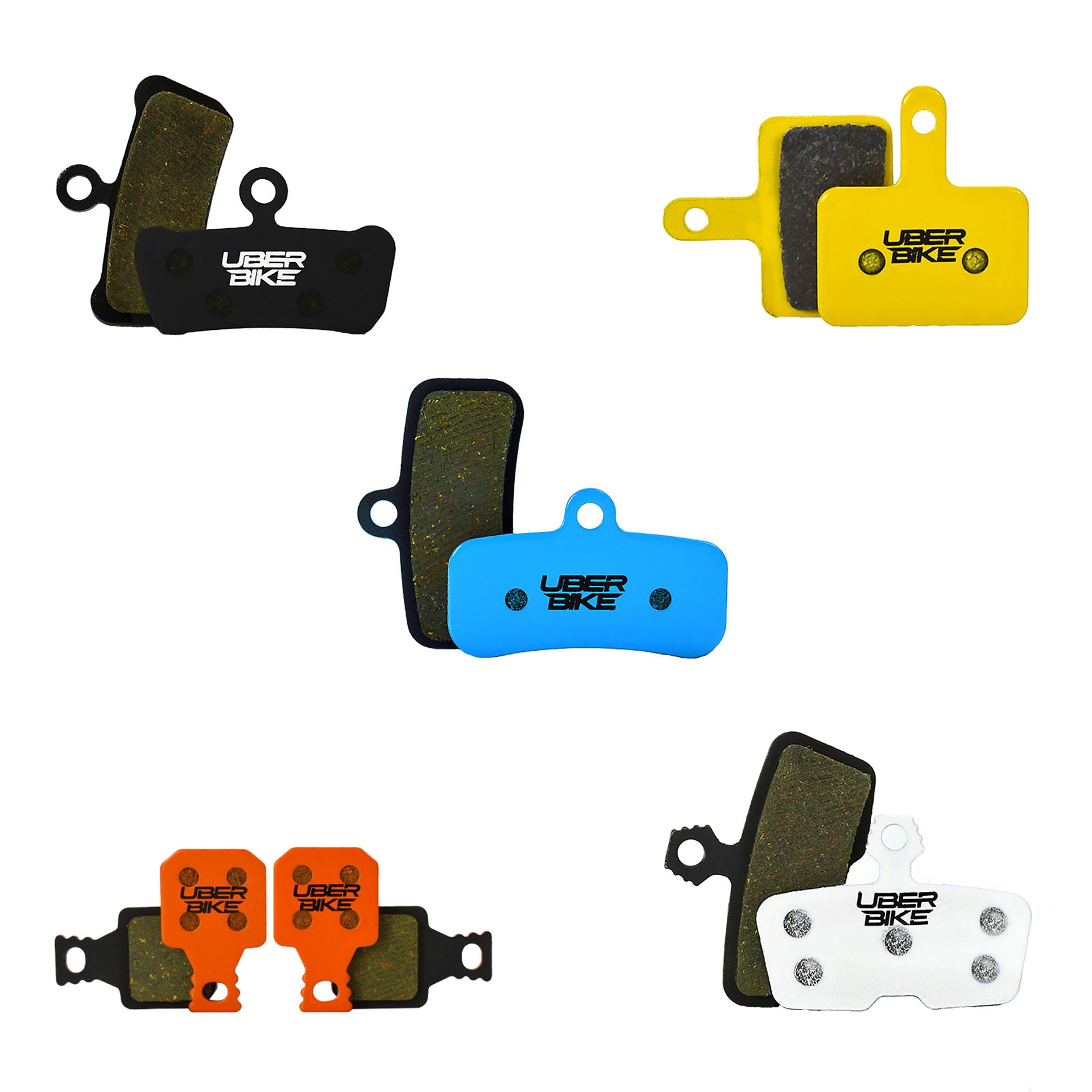 Various disc brake pads and compounds with Uberbike branding on a white background