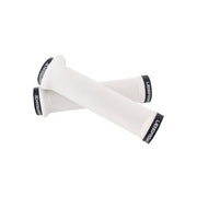 2 white flange mountain bike grips with black lockrings and uberbike branding on a white background