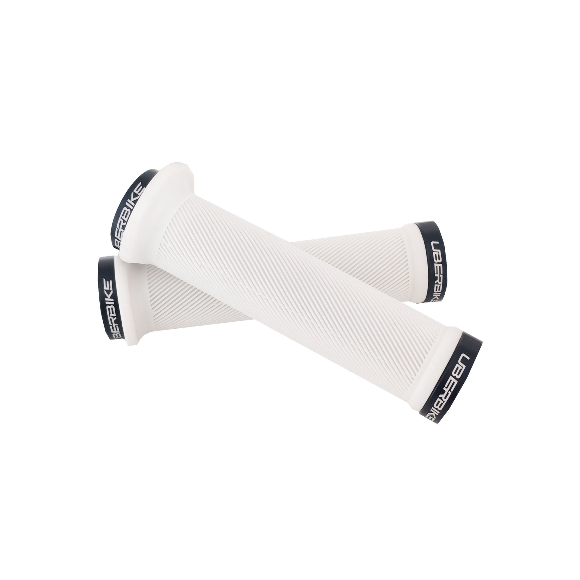 2 white flange mountain bike grips with black lockrings and uberbike branding on a white background