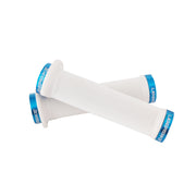 2 white flange mountain bike grips with blue lockrings and uberbike branding on a white background