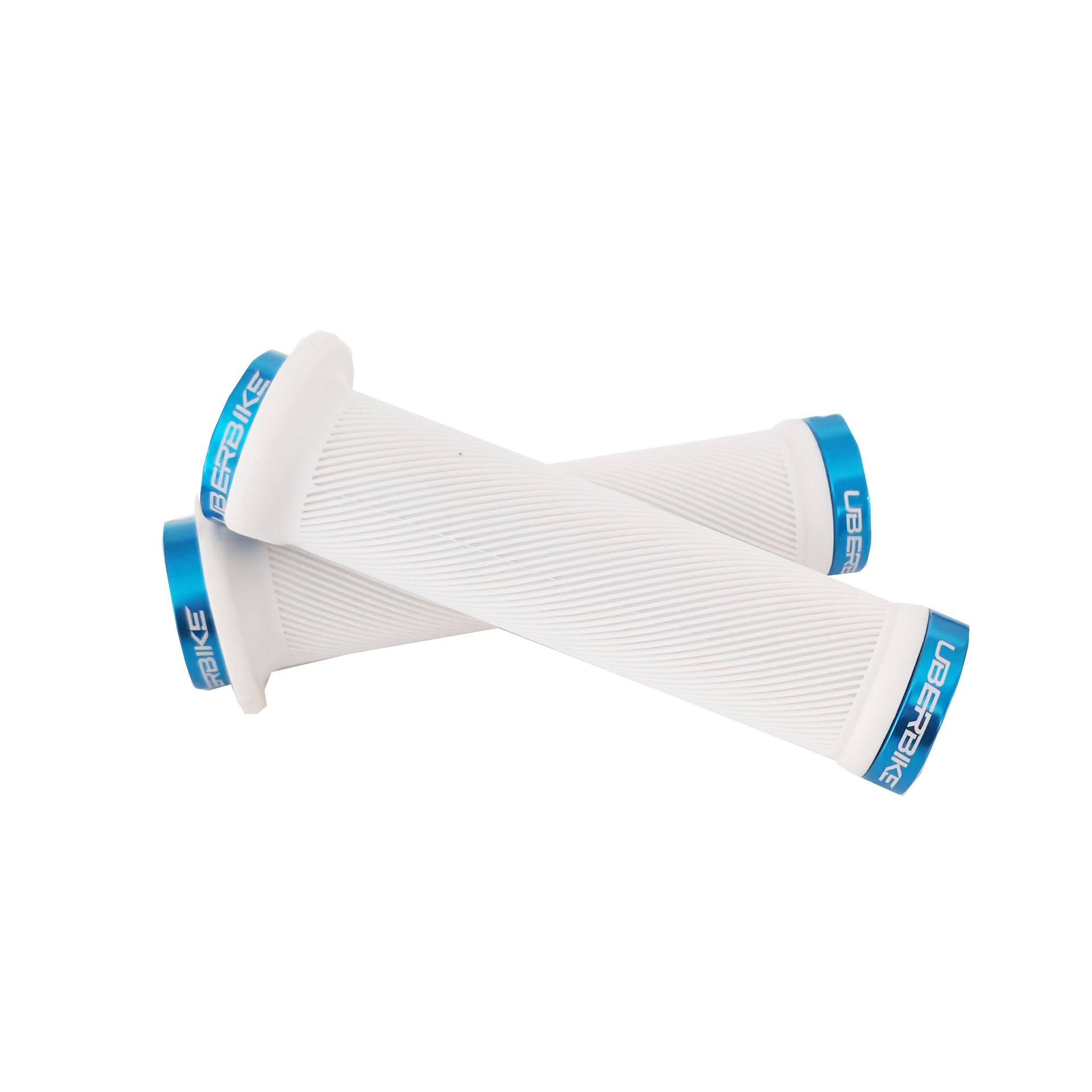 2 white flange mountain bike grips with blue lockrings and uberbike branding on a white background