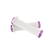 2 white flange mountain bike grips with pruple lockrings and uberbike branding on a white background