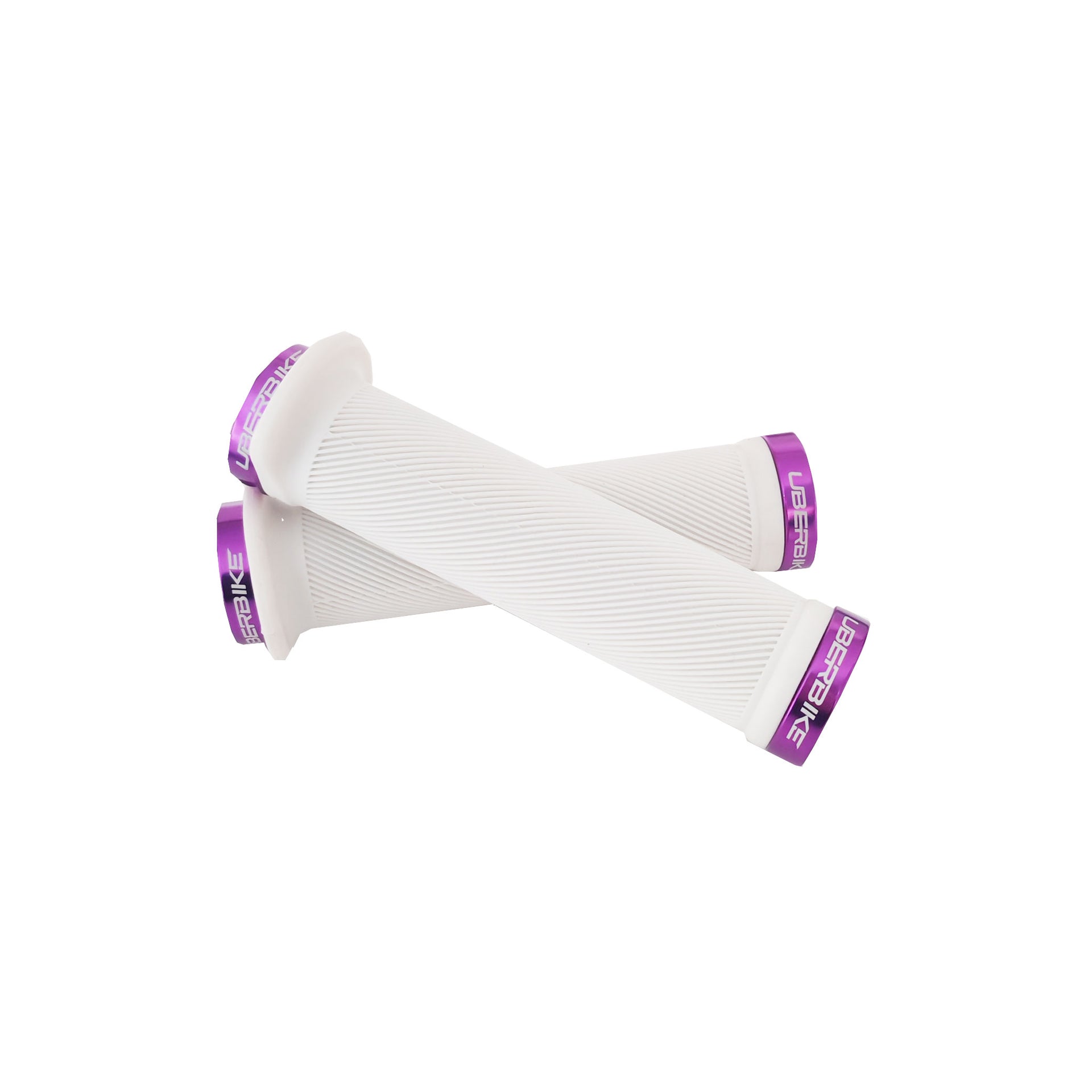 2 white flange mountain bike grips with pruple lockrings and uberbike branding on a white background