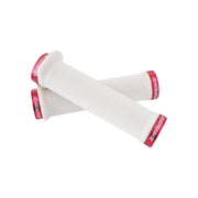 2 white flange mountain bike grips with red lockrings and uberbike branding on a white background