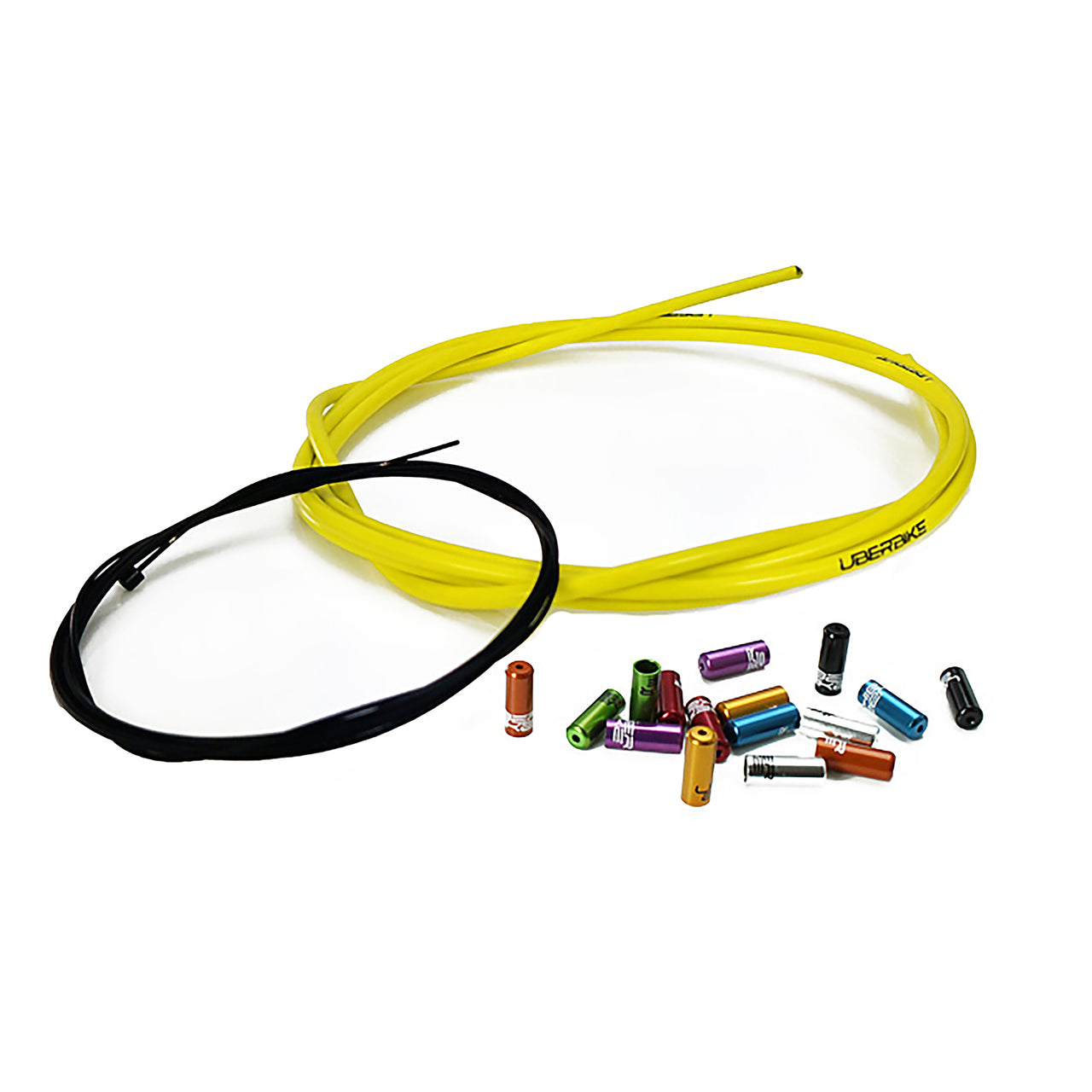 yellow gear cable with several different coloured sealed ferrules on a white background