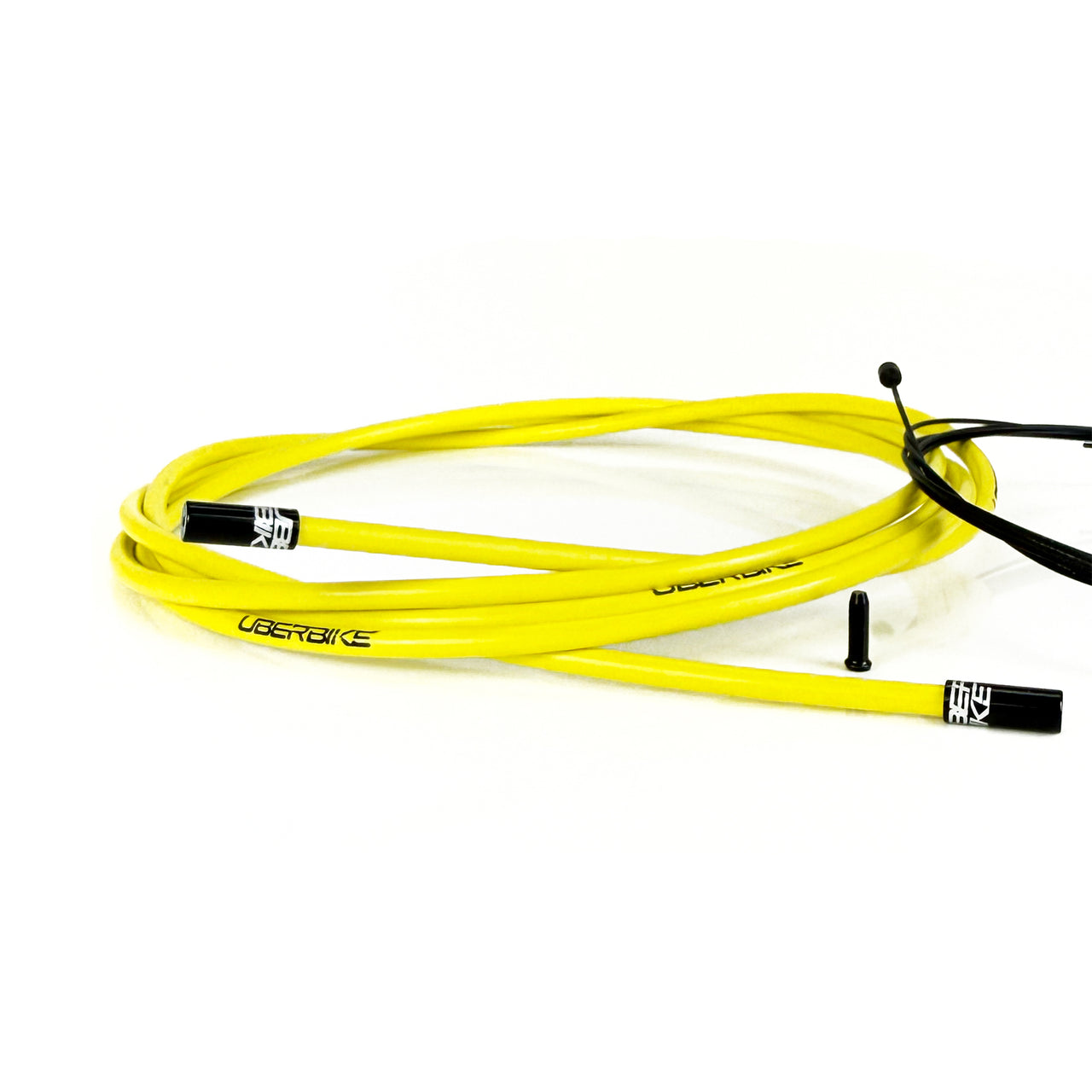 yellow gear cable with black sealed ferrules on a white background