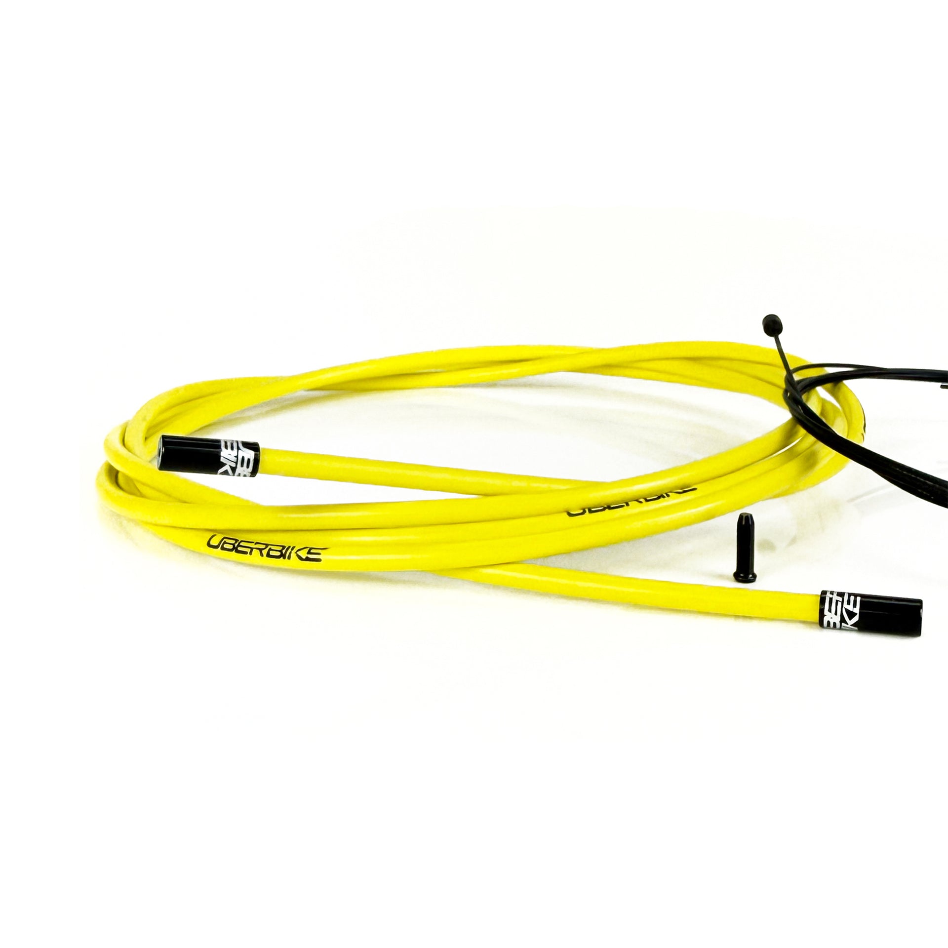 yellow gear cable with black sealed ferrules on a white background