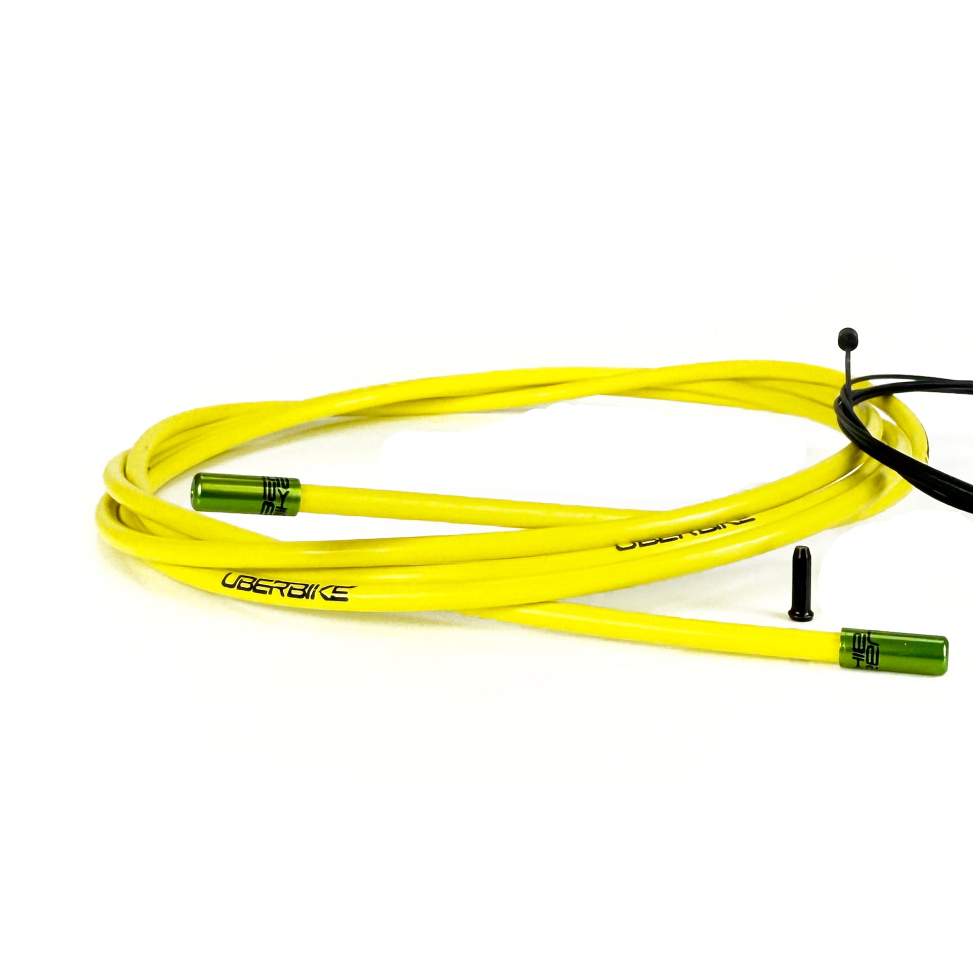 yellow gear cable with green sealed ferrules on a white background