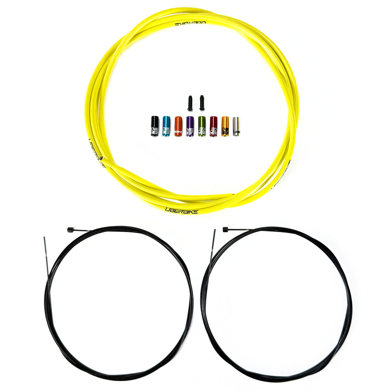 yellow road gear cable with 8 different coloured sealed ferrules, two gear inner wires and 2 end caps on a white background