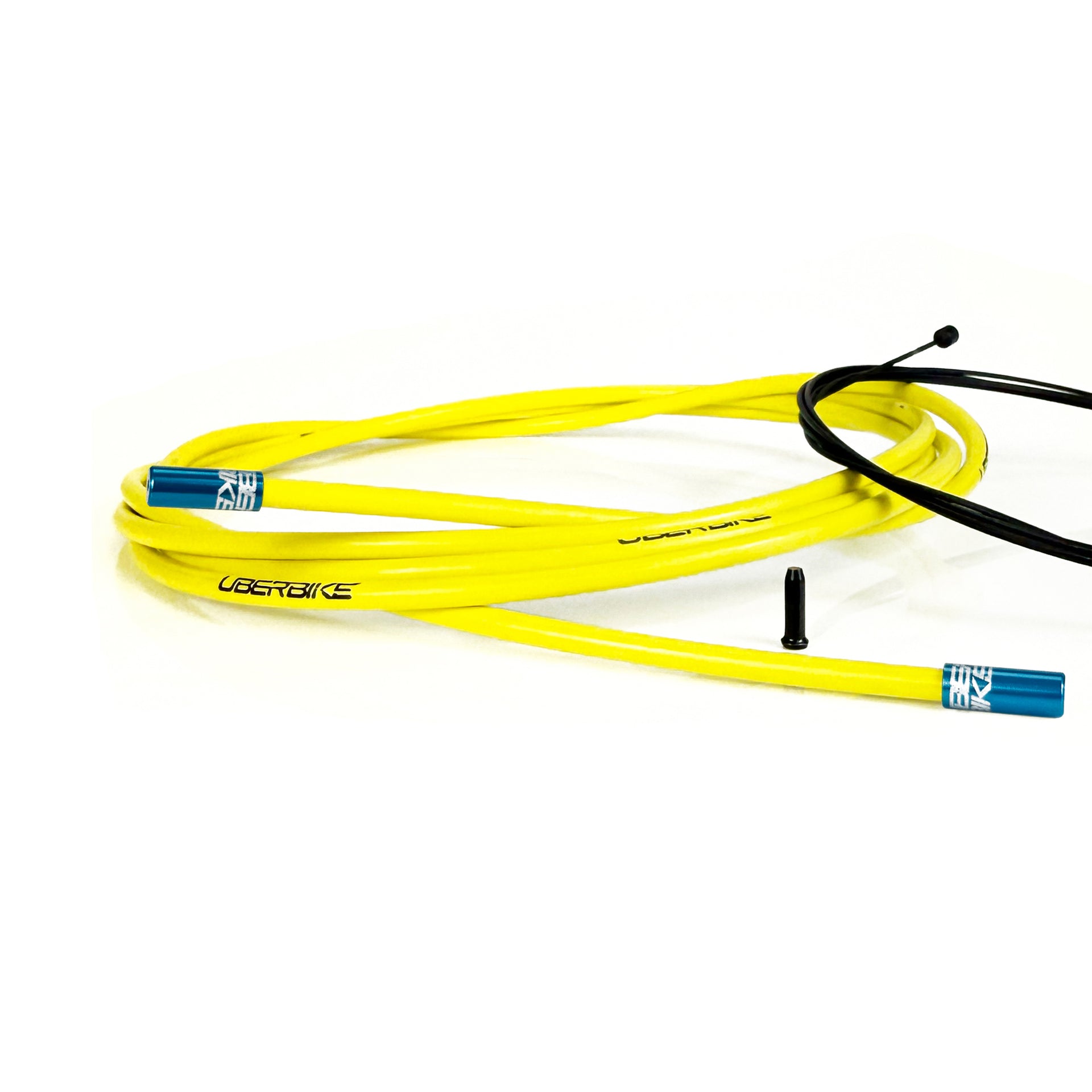 yellow road gear cable with blue sealed ferrules on a white background