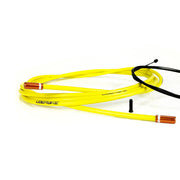 yellow road gear cable with orange sealed ferrules on a white background