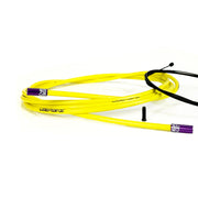 yellow road gear cable with purple sealed ferrules on a white background