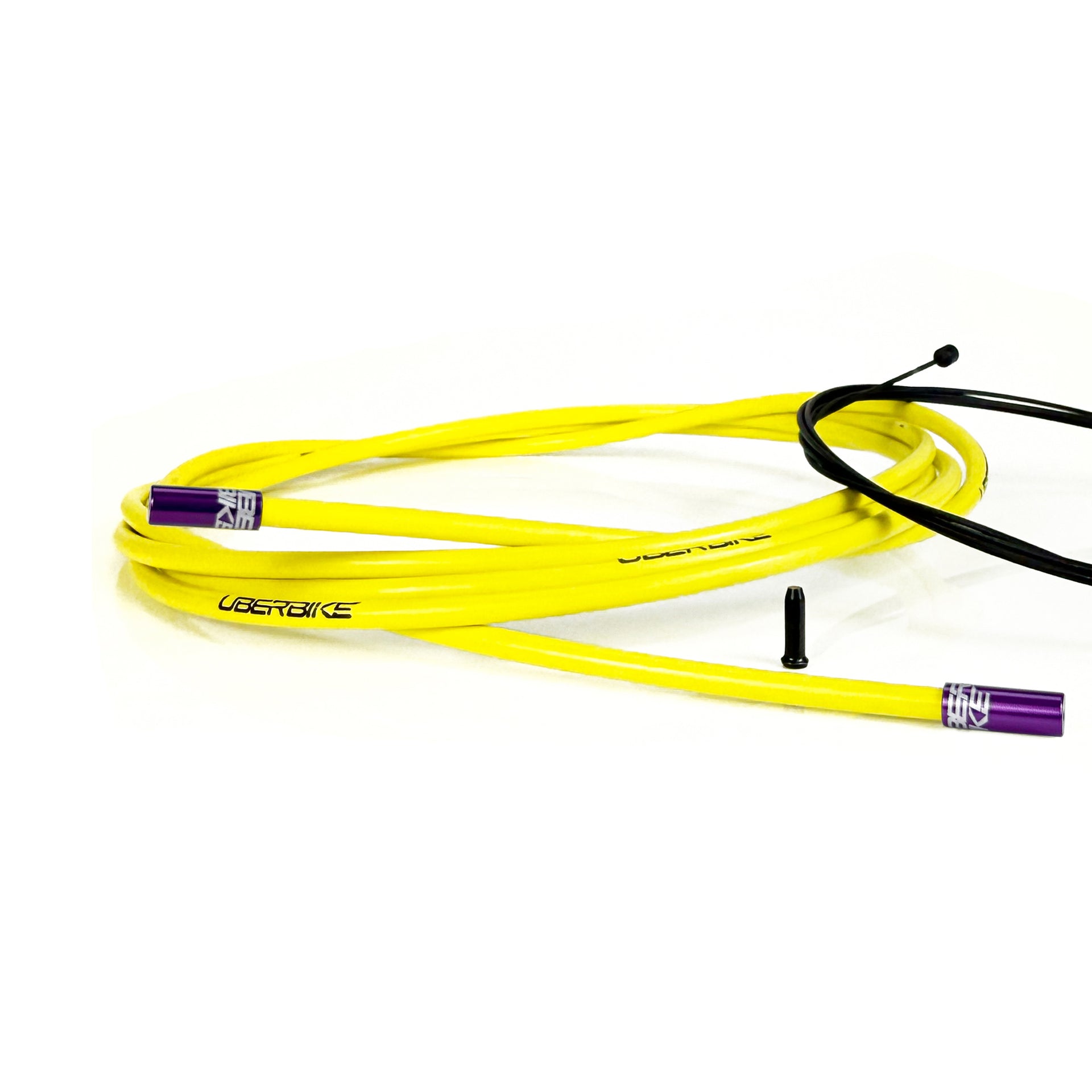 yellow road gear cable with purple sealed ferrules on a white background