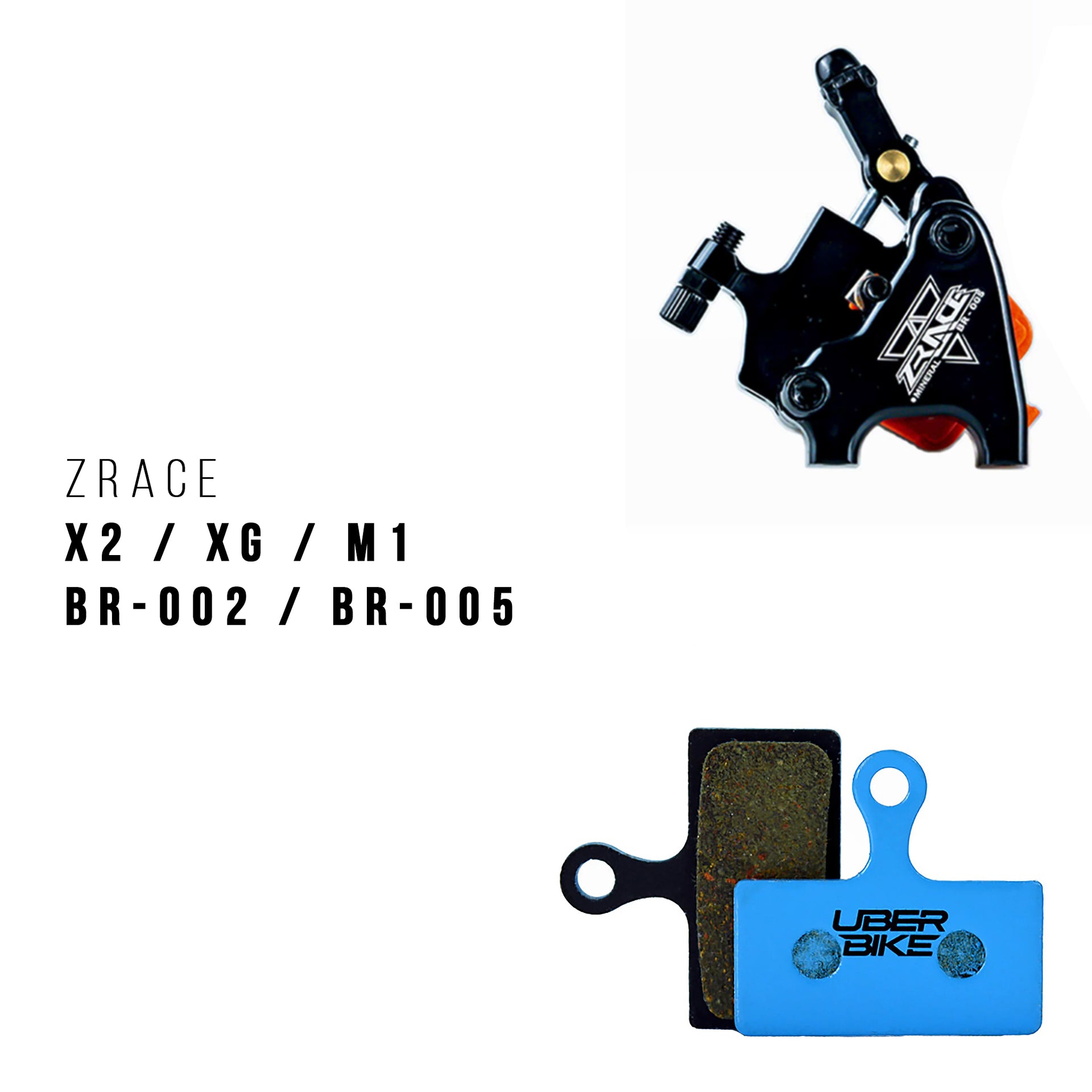 ZRACE br-005 brake calipers with 'Uber Bike' branded brake pads on a white background